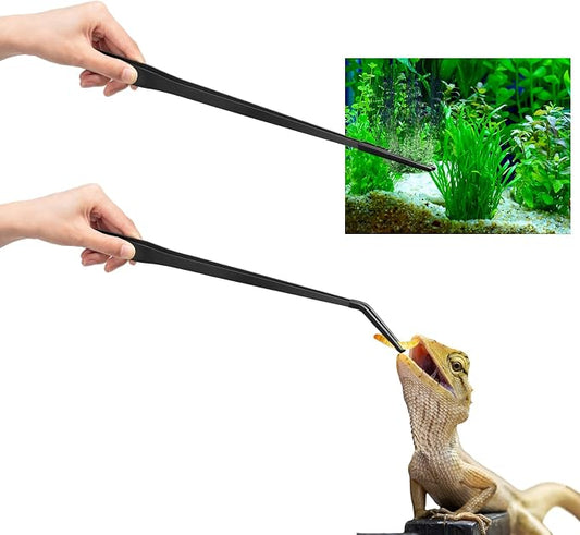 Lasnten 2 Pcs Extra Long Stainless Steel Reptile Feeding Tongs with Rubber Tip 18.5 Inch, 18.9 Inch Bearded Dragon Aquarium Straight and Curved Long Tweezer Terrarium Feeder Tool for Tank(Black)
