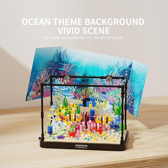 Fish Tank Building Block, Lighting Aquarium Building Sets for Adults and Kids Including Clownfish, Coral, Crab，Flowers, Animal Building Toys for Boys Age 8+, 570pcs