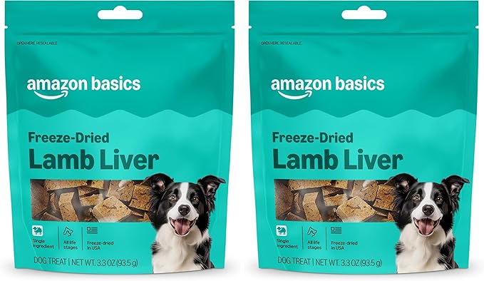 Amazon Basics Freeze-Dried Raw Single Ingredient Dog Treats, Lamb Liver, High Protein, Healthy Training Treats or Meal Topper for All Dogs, Grain-Free, 3.3oz (Previously Wag) (Pack of 2)
