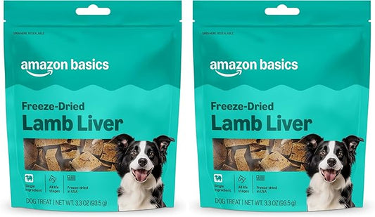 Amazon Basics Freeze-Dried Raw Single Ingredient Dog Treats, Lamb Liver, High Protein, Healthy Training Treats or Meal Topper for All Dogs, Grain-Free, 3.3oz (Previously Wag) (Pack of 2)