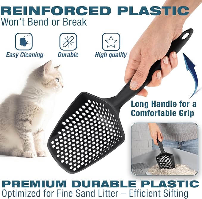 Set of 1 Fine Mesh Cat Litter Scoop with Small Holes, Deep Sifting Shovel for Litter, Reptile Terrarium Sand & Rabbit Pooper Lifter, Hanging Handle Poop Scooper (Black, Set of 1)