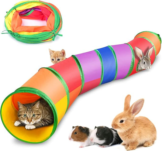 Ferret Guinea Pig Tunnel Collapsible Bunny Tube with 1 Play Ball 3 Ways Pet Rabbit Tunnels Hideout for Indoor Kitten Chinchilla Hamster Rat Small Pet Activity Fun Toys (Rainbow)