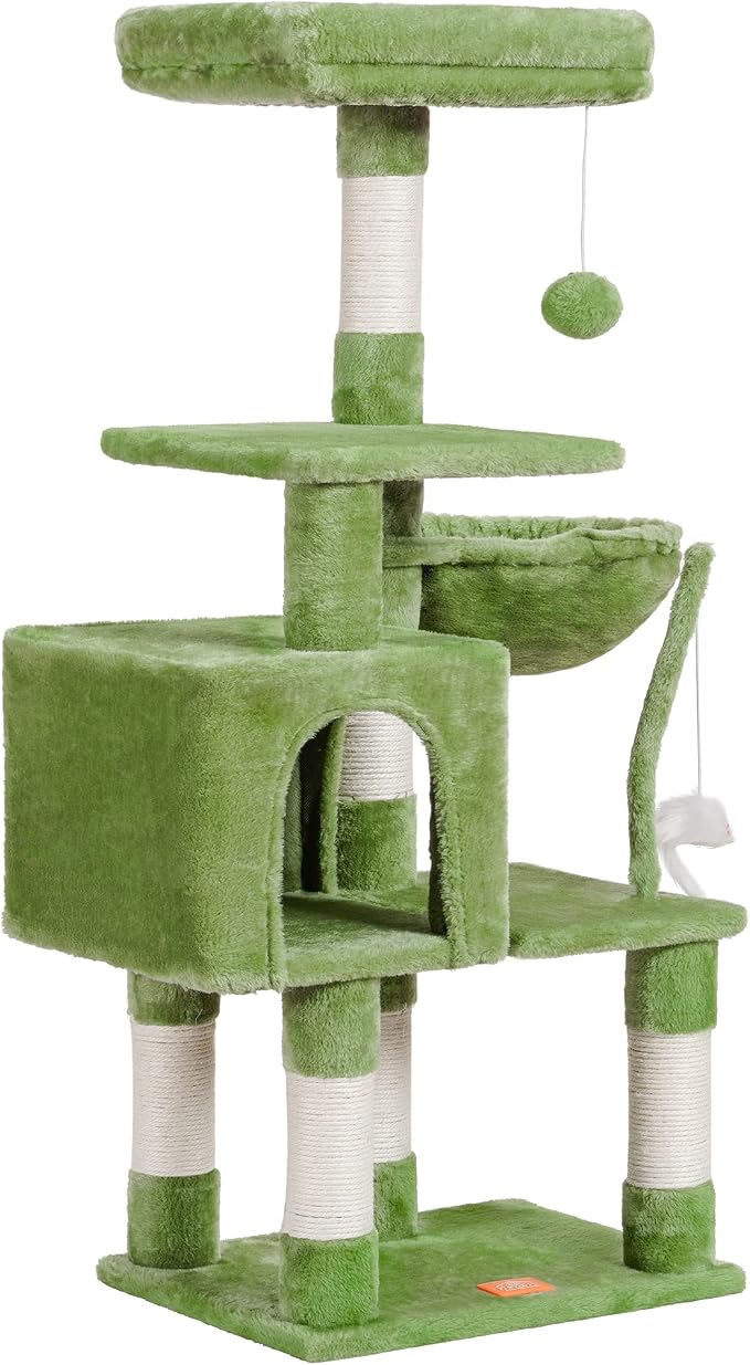 Heybly Cat Tree with Toy, 43.3 inch Cat Tower condo for Indoor Cats, Cat House with Padded Plush Perch, Cozy Hammock and Sisal Scratching Posts, Green HCT004SGR