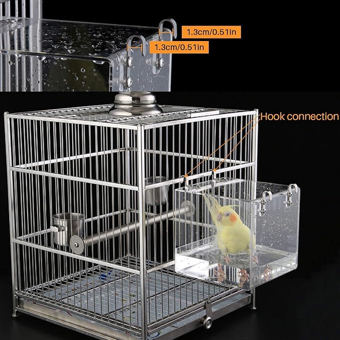 GURECOD Hanging Bird Bath Cube Bird Bathtub Bath Shower Box Bowl Cage Accessory for Little Bird Canary Budgerigar Parrots Crested Myna Cockatiel Lovebird Parakeet Bath (Large)