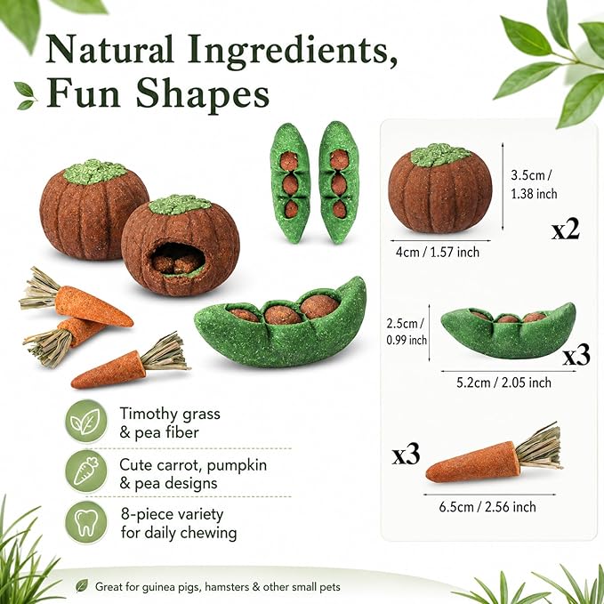 HERCOCCI 8Pcs Guinea Pig Chew Toys, Hamster Toys Prevent Excessive Teeth Growth Natural Vegetables Carrot and Timothy Grass for Guinea Pig Rabbit Chinchillas Gerbil