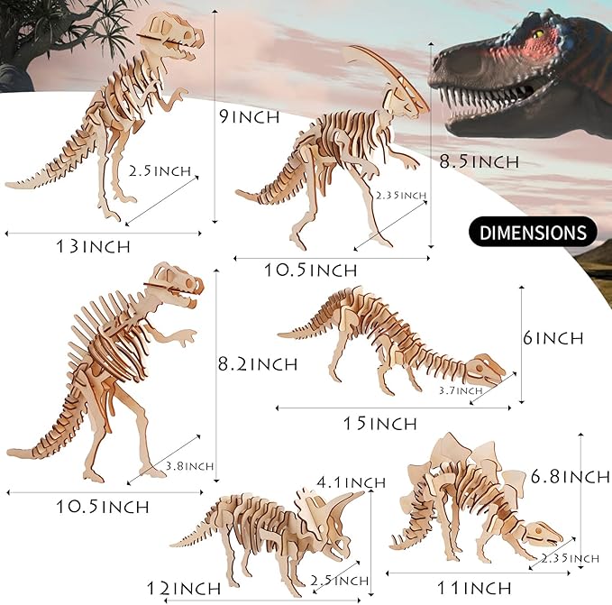 calary 3D Wooden Puzzle Simulation Animal Dinosaur Assembly DIY Model Toy for Kids and Adults,Set of 6