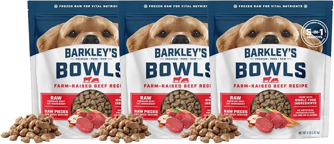 Barkley’s Bowls, Frozen Raw Beef Dog Food, Fresh Whole Food Ingredients w/Farm-Raised Beef, Grain Free, Dog Food Toppers, Human Grade Ingredients, for All Dog Breeds, Ages, & Sizes, 4 lb Bag (3 Pack)