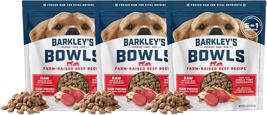 Barkley’s Bowls, Frozen Raw Beef Dog Food, Fresh Whole Food Ingredients w/Farm-Raised Beef, Grain Free, Dog Food Toppers, Human Grade Ingredients, for All Dog Breeds, Ages, & Sizes, 4 lb Bag (3 Pack)
