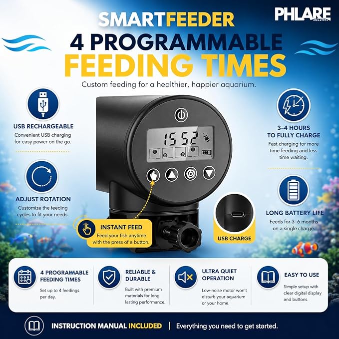 Automatic Fish Feeder for Aquariums - Rechargeable Auto Timer Feeder for Vacation | Fits Flakes & Pellets | 200ml Capacity