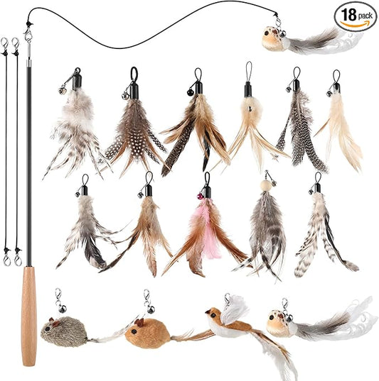 Leitee 18 Pcs Cat Teaser Wand Toy, Interactive Cat Feather Toys for Kittens, 15 Pcs Natural Feather Bird Mouse Toys Refill, 2 Wires and 1 Kittens Fishing Pole Toy Wooden Handles for Indoor