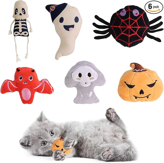 FOIMAS Halloween Catnip Toys,Pumpkin Ghost Catnip Toy Chew Bite Toy for Cat Interactive, Pack of 6