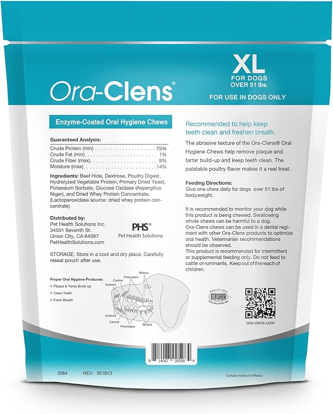 Oral Hygiene Chews for X-Large Dogs-Enzymatic Dental Treats for Daily Oral Care, Cleans Teeth and Freshens Breath, Reduces Plaque, Bacteria and Tartar Build Up Without Brushing-15 Chews