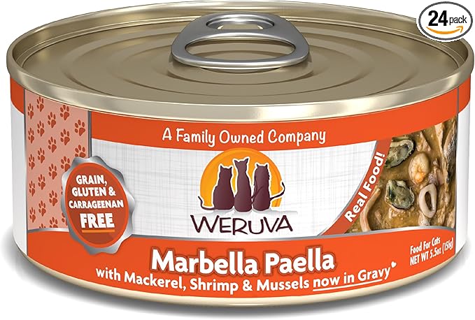 Weruva Classic Cat Food, Marbella Paella with Mackerel, Shrimp, & Mussels in Gravy, 5.5oz Can (Pack of 24)
