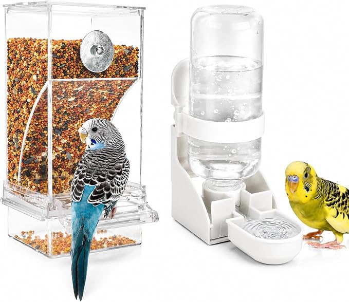 Rypet No Mess Bird Water Feeder Dispenser Set Automatic Bird Feeder Transparent Food Container Cage Acrylic Parrot Feeders Accessories for Small Birds Parrot Cockatoo Canary