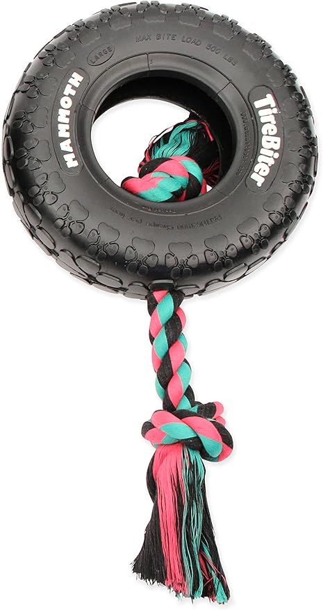 Mammoth TireBiter Originals with Cotton-Poly Rope – Natural Rubber Dog Toys – Dog Toys for Extra Long Interactive Play – Strong Chewer Toys for All Dog Breeds - Large, 10”