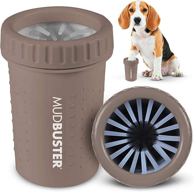 Dexas MudBuster Medium Dog Paw Cleaner in Taupe - Fits 1.5"-2.5" Wide Paws, Portable Paw Washer for Muddy Paws, Dog Paw Cleaning Cup with Gentle Silicone Bristles, Quick Clean Pet Paw Washer