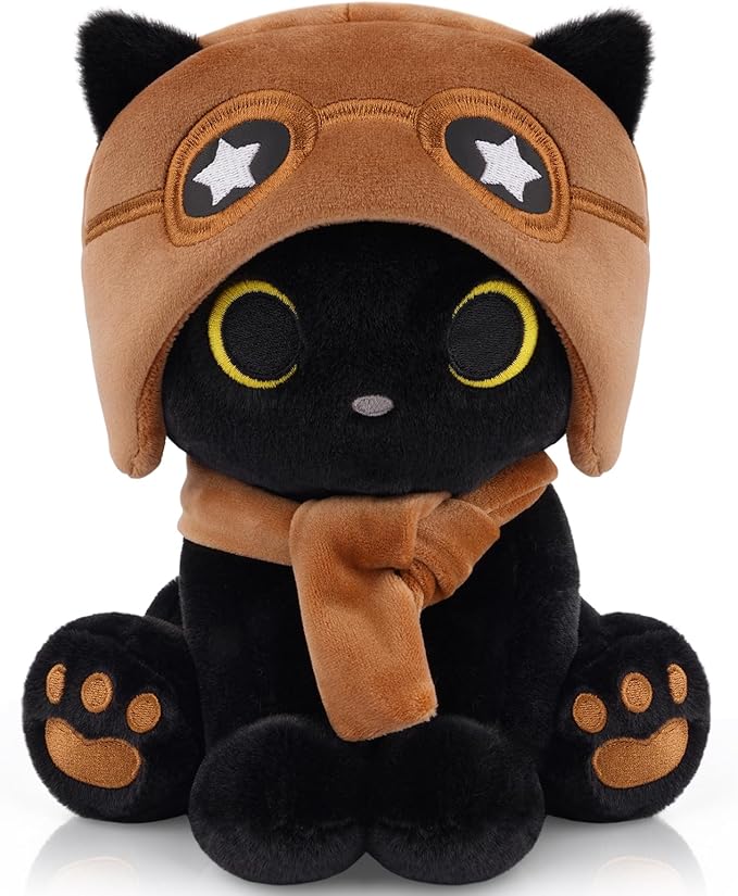 Cat Plush Toy - Black Cat with Removable Aviator Hat, 8" Cute Stuffed Animal for Kids & Adults, Soft Aviator Kitten Toy Birthday Gift for Boys,Girls, Little Pilots Party Favors