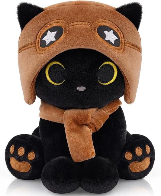 Cat Plush Toy - Black Cat with Removable Aviator Hat, 8" Cute Stuffed Animal for Kids & Adults, Soft Aviator Kitten Toy Birthday Gift for Boys,Girls, Little Pilots Party Favors