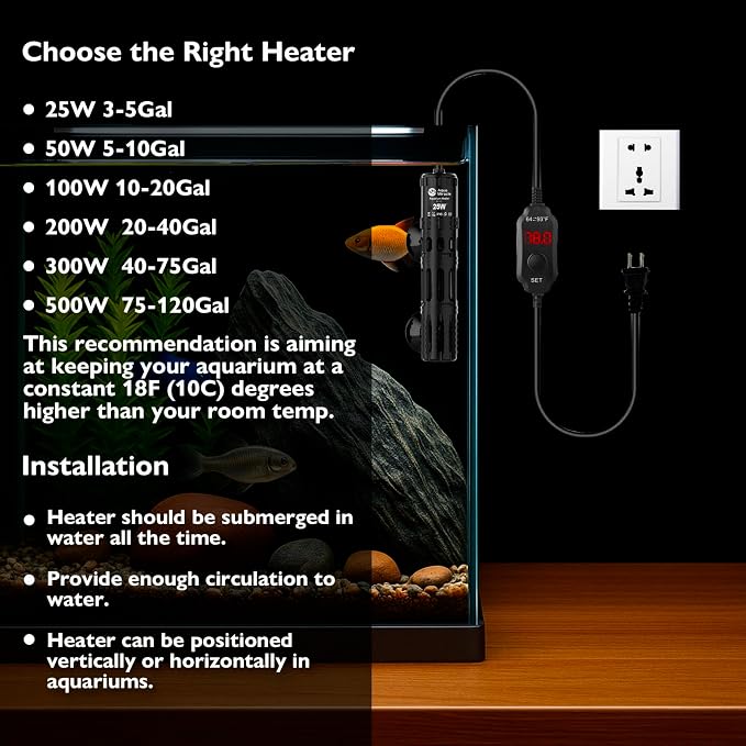 AquaMiracle Submersible Aquarium Heater, 25W Fish Tank Heaters with LED Digital Temp Display, Dry-Run Auto Power-Off & Overheat Protection, for Freshwater and Saltwater Tanks (3-5 Gal)