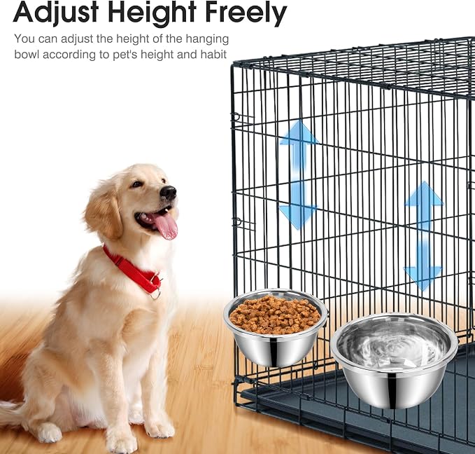 Dog Crate Bowls Hanging No Spill, 2 Pack Crate Water Bowl Kennel Food Bowl | Mountable 47oz & 56oz Stainless Steel Dog Bowls Water Dispenser Set, Metal Feeder Dish Cage Accessories for Large Medium Pet