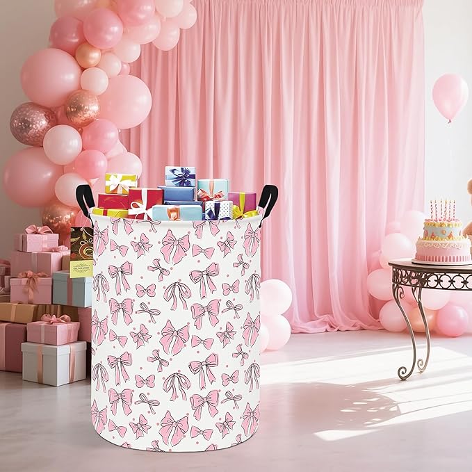 Collapsible Fabric Storage Basket, Waterproof Laundry Hamper with Handles, Round Storage Bin for Clothes Toys, Foldable Organizer for Bedroom Nursery Bathroom(Round-Pink Bow)