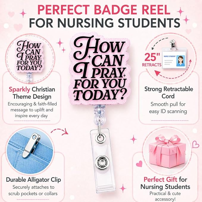 How Can I Pray for You Pink Badge Reel Christian Religious God ID Name Holder Clip Retractable Lanyard Reels for Nurse RN Medical Caregiver Healthcare Worker Staff Gift Nursing Accessories Supplies