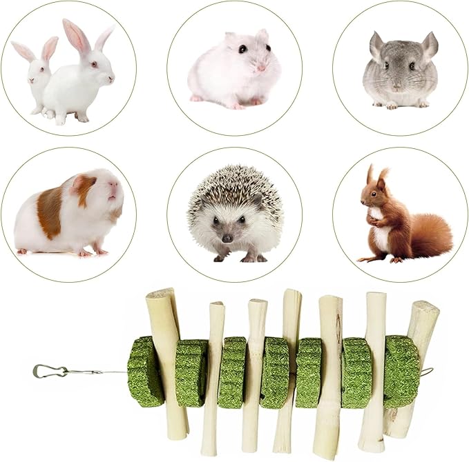 kathson 2 PCS Bunny Chew Toys for Teeth Natural Rabbit Toys Hanging Sweet Bamboo Chews with Grass Cake Guinea Pig Toys Snack Treat for Hamster Chinchilla Rats