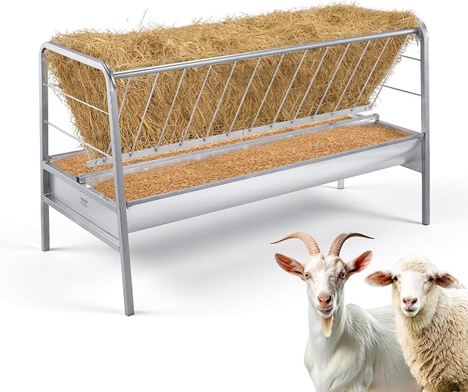 VEVOR Livestock Hay Feeder, 2 in 1 Grain & Hay Feeder, 80-Gallon Capacity, 57.9" Long Goat Pasture Feeding with Deeper Feeding Pan, Heavy Duty Steel Grain Holder for Sheep Sheds, Farms, Horse Barns