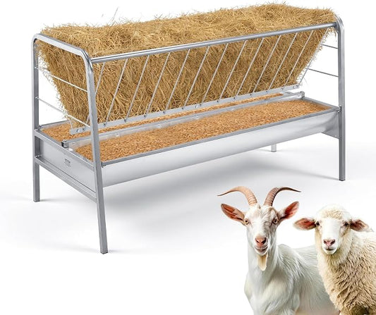 VEVOR Livestock Hay Feeder, 2 in 1 Grain & Hay Feeder, 80-Gallon Capacity, 57.9" Long Goat Pasture Feeding with Deeper Feeding Pan, Heavy Duty Steel Grain Holder for Sheep Sheds, Farms, Horse Barns