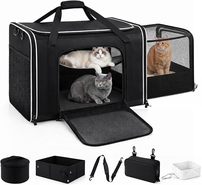 Extra Large Cat Carrier with Built-in Litter Box for Car Travel & Road Trips, Expands to 36"x17"x17", Soft-sided Foldable Travel Crate for 1-2 Large Cats, Multi-entry, Ventilated Mesh, Seat Belt Ready