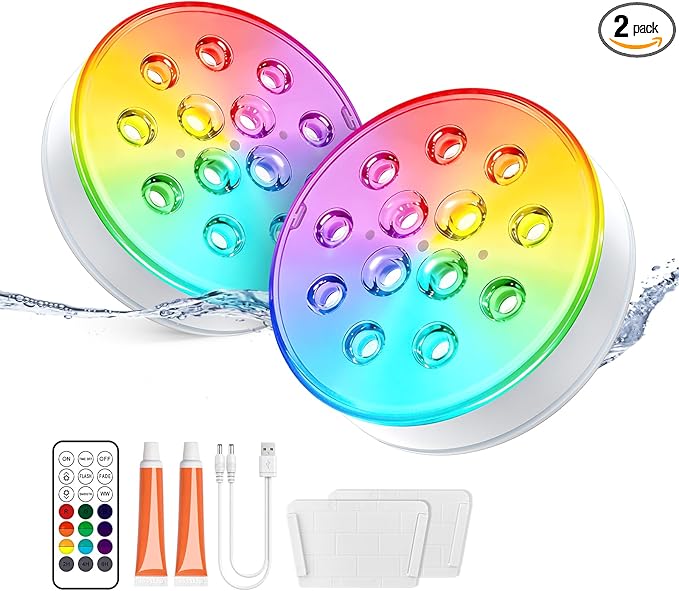 LOFTEK Pool Lights, Rechargeable Submersible LED Lights with Remote, IP68 Waterproof, 16 Colors Underwater Pool Light for Above Ground Inground Pool, Hot Tub, Shower, Bathub, Party, Vase, 2 Pack