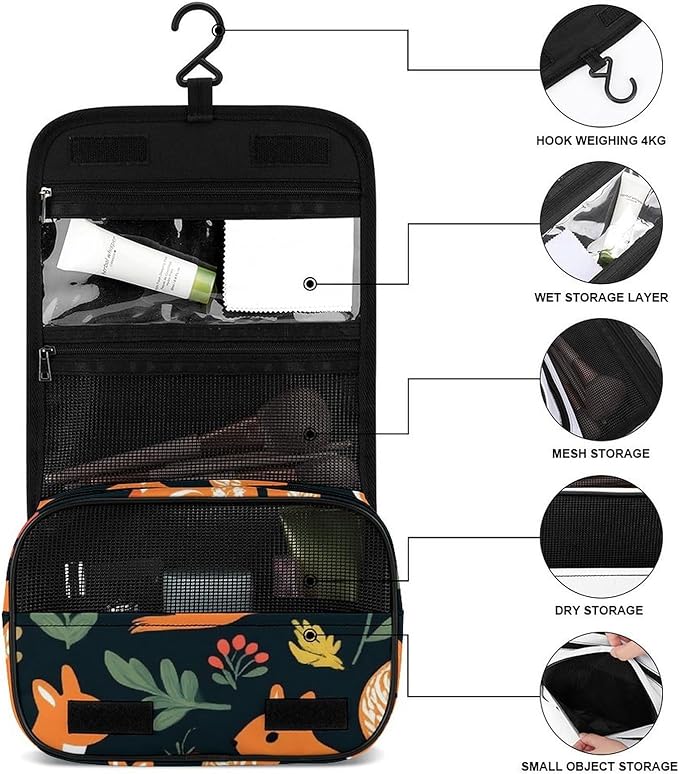 Toiletry Bag Travel Bags with Hanging Hook Hanging Multifunctional Makeup Bags Floral Squirrels Portable Cosmetic Bag