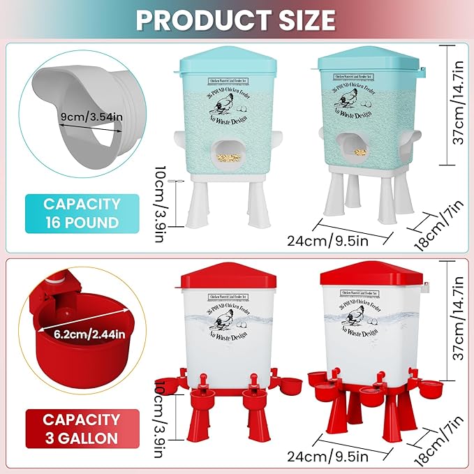 3 Gallon Automatic Chicken Feeder and Waterer Set with Float Valve, Chick Feeder Coop Poultry Waterer with Cups and Feeding Ports No Waste,Standing/Hanging Use, Chicken Coop Accessories