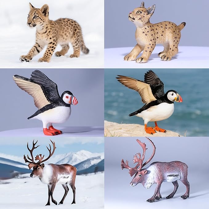 SIENON 60Pcs Arctic Animal Toy Set, Mini Winter Animal Figures with Polar Bear, Penguin, Caribou, Puffin, Lynx, Igloo, Pine Trees, Fake Ice Rocks for School Project Christmas Birthday Cake Decorations