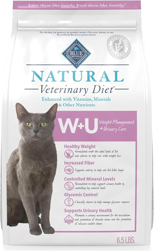 Blue Buffalo Natural Veterinary Diet W+U Weight Management + Urinary Care Dry Cat Food, Veterinarian Prescription Required, Chicken, 6.5-lb Bag