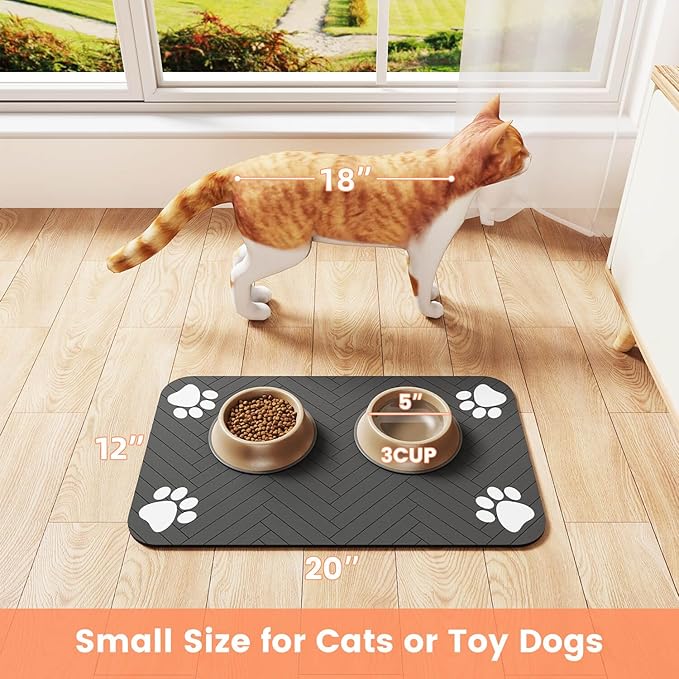 Pet Feeding Mat-Absorbent Pet Placemat for Food and Water Bowl, with Waterproof Rubber Backing, Quick Dry Water Dispenser Mat for Dog and Cat (20"x12", Black)