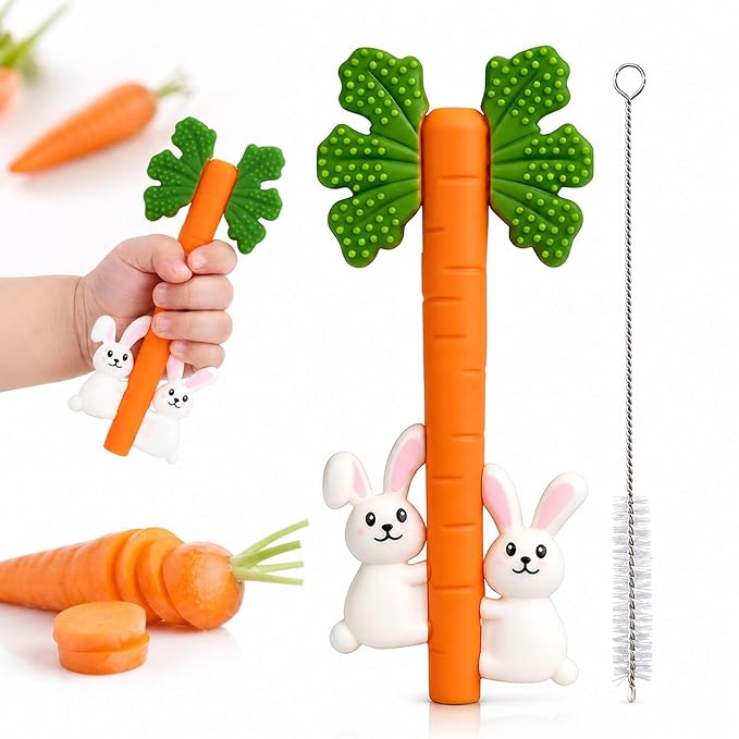 Baby Teething Toys Silicone Carrot Rabbit Hollow Teething Tubes -Sensory Chew Toys Over 3 Months - Teether Straws for Teething Relief -BPA Free Infant Toys Baby Shower Gifts Baby Essentials (1)
