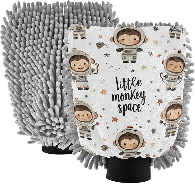 Car Wash Mitt Microfiber Wash Mitts for Car Washing Scratch-Free Cleaning Gloves Soft Non Absorbent Chenille Auto Hand Mitt Medium 2Pack White Cute Monkeys in Spacesuits Stars