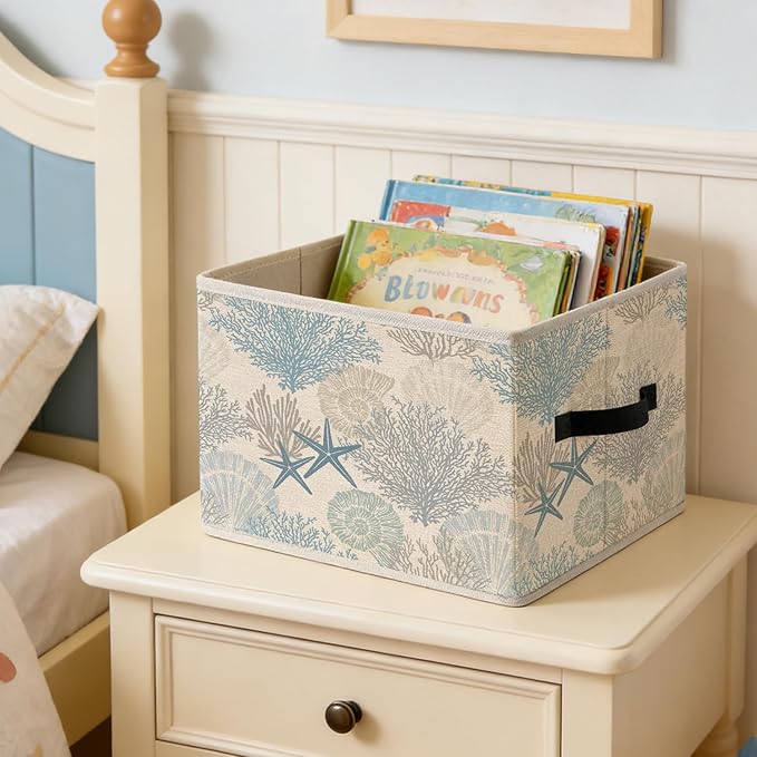 Coastal Beach Storage Bins, Beach House Decor, Coastal Coral Starfish Seashell Foldable Closet Organizers Storage Basket Toybox for Clothes Bed Sheets Blankets Toys