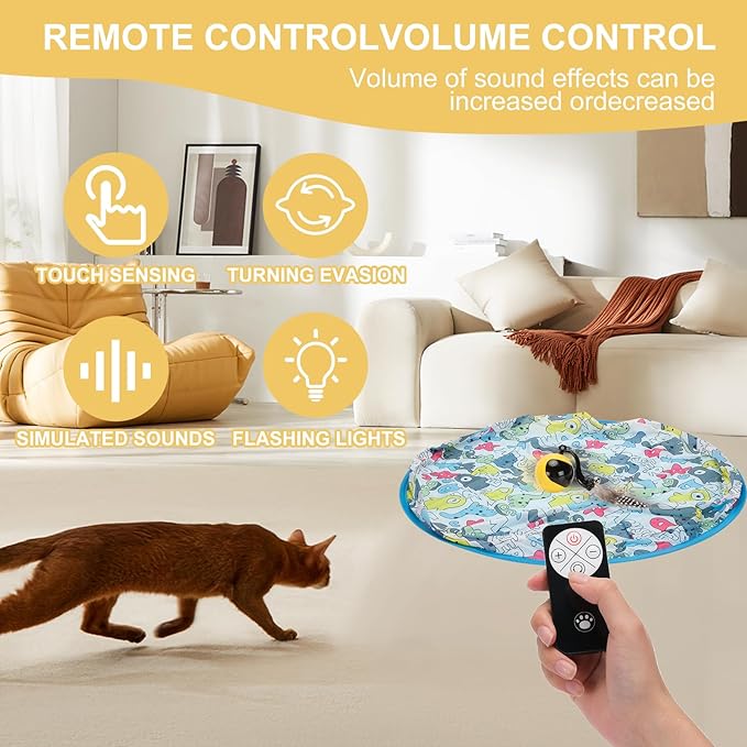Interactive Remote Control Cat Toy with Sound & Light Locator, Hidden Rolling Ball Under Playmat, Bird Chirp & LED, Touch-Activated, USB Rechargeable Indoor Hunting Toy Blue+Yellow