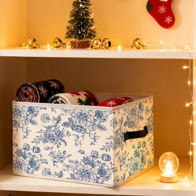 Blue and White Chinoiserie Floral Storage Bins, Grandmillennial Flower Foldable Closet Organizers Storage Basket Toybox for Clothes Bed Sheets Blankets Toys