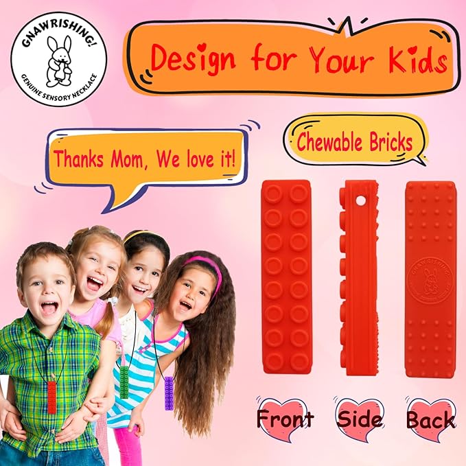 Chew Necklace by GNAWRISHING - 8-Pack (Building Block)- for Autistic, ADHD, SPD, Oral Motor Children, Kids (Tough, Long-Lasting)