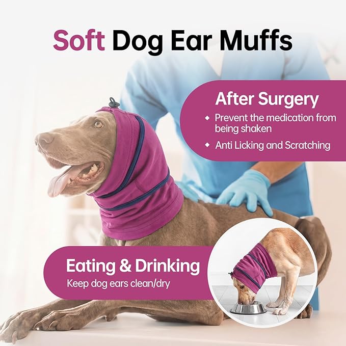 IDOMIK Dog Ear Muffs Noise Protection, Dog Calming Hoodie for Anxiety Relief, Soft Double-Layer No Shake Head Wraps, Quiet Ear Covers for Thunderstorm, Firework, Bath, Grooming & Blow Drying,Purple,M