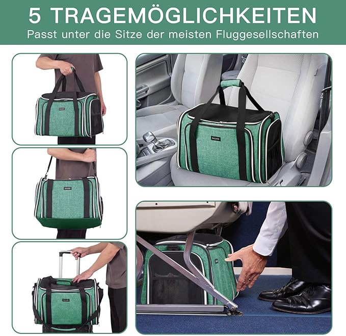 BAGLHER Expandable Cat Carrier with Travel Litter Box, Pet Travel 5 Sides Open Doors 3 Sides, Leak-Proof and Collapsible, for Car, Airplane Trip, Green