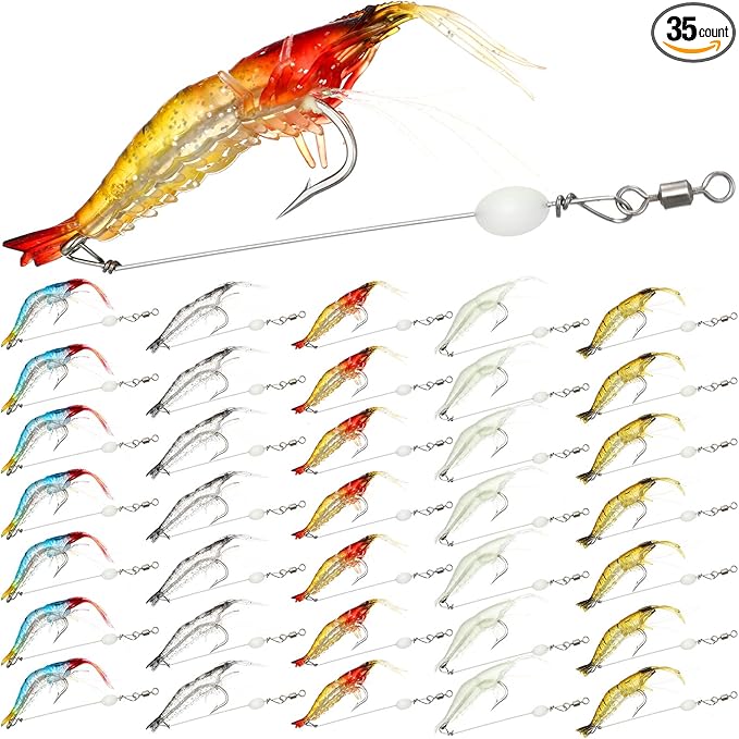 Honoson 35 Pcs Saltwater Fishing Lures Shrimp Baits Set Luminous Shrimp Bait with Beads and Hooks Fishing Lure with Hooks for Freshwater Saltwater Trout Bass Salmon