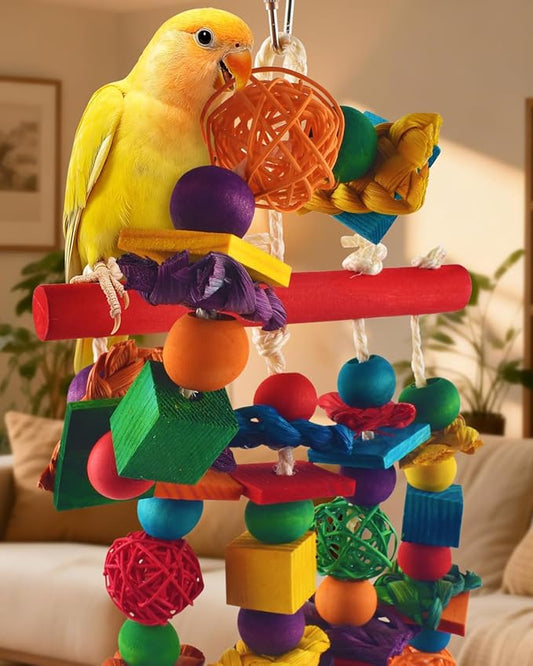 DBNESS Bird Toys, 3PCS Parrot Foraging Hanging Toy, Multicolored Natural Wooden Blocks Parakeet Chewing Toys mit Rattan Wicker Balls, for Medium Small Cockatoos Budgie Lovebird Cockatiel Conure
