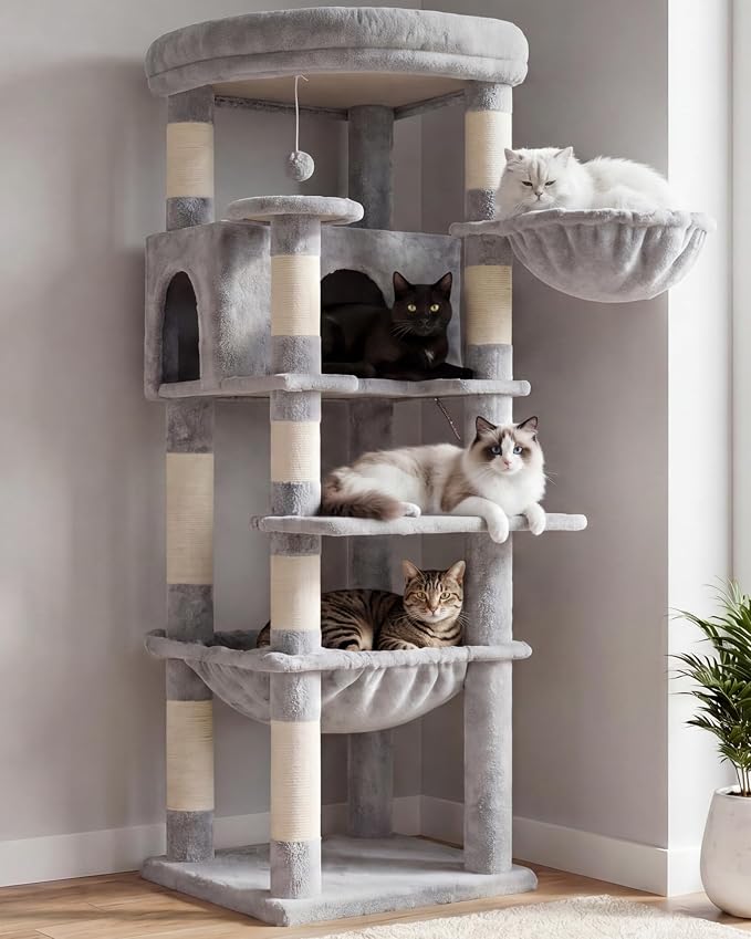 Heybly Cat Tree, 53.1-Inch Corner Stable Cat Tower for Large Indoor Cats, Well-Structured Interactive Cat Condo with Fan-Shaped Top Perch, Cozy Condo, Sturdy Base, Basket & Hammock,Light Gray HCT029W