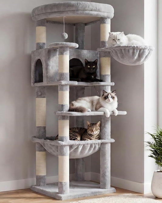 Heybly Cat Tree, 53.1-Inch Corner Stable Cat Tower for Large Indoor Cats, Well-Structured Interactive Cat Condo with Fan-Shaped Top Perch, Cozy Condo, Sturdy Base, Basket & Hammock,Light Gray HCT029W