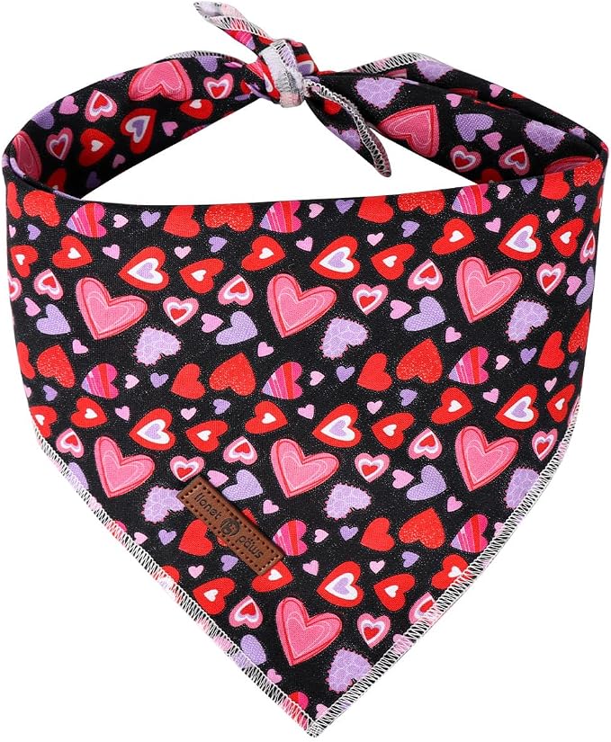 Lionet Paws Valentine Dog Bandana for Small Medium Dogs,Pink Hearts Black Kerchief Washable Dog Triangle Bibs Scarf for Girl or Boy Gift