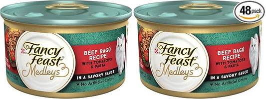 Fancy Feast Purina Medleys in Gravy Beef Ragu Recipe with Tomatoes and Pasta in a Savory Sauce - 3 oz. Cans,(Pack of 48)
